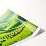 Rolling landscape wall art design featuring serene countryside scenery with vibrant greens and subtle blues, ideal for home decor. The print showcases a tranquil rural setting that adds a touch of nature to any interior, packaged securely for delivery.