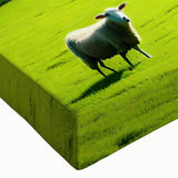 Close-up of a stretched canvas wall art piece depicting a serene countryside landscape with vibrant greens and blues, ideal for home decor and nature lovers.