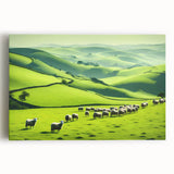 Stretched canvas wall art showcasing a serene countryside landscape with rolling hills, vibrant green fields, and a clear blue sky, perfect for home decor.