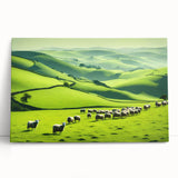 Stretched canvas artwork depicting a serene countryside landscape with lush green fields and rolling hills, perfect for home decor in rustic or modern settings.