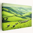 Stretched canvas wall art showcasing a serene countryside landscape with rolling hills, vibrant greenery, and a bright blue sky, perfect for home decor.