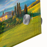 Close-up of a stunning acrylic glass wall art piece depicting a serene countryside landscape, showcasing vibrant colors and intricate details that evoke tranquility.