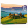 Acrylic glass wall art featuring a vibrant countryside landscape design, showcasing rolling hills and a serene sky, displayed from a side view with decorative pins.