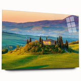 Acrylic glass wall art collection showcasing a vibrant countryside landscape design, featuring lush greenery and serene skies, perfect for home decor enhancement.
