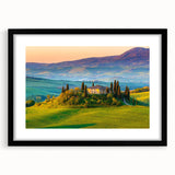 Framed black wall art showcasing a serene countryside landscape design, featuring lush greenery and rolling hills, perfect for enhancing home decor.