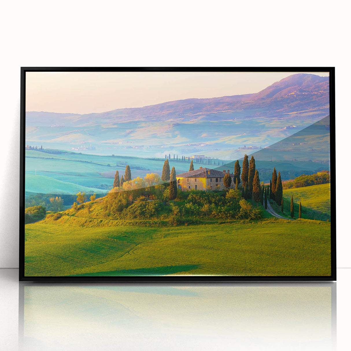 Framed acrylic wall art showcasing a serene countryside landscape in rich greens and blues, designed to enhance home decor with a modern touch.