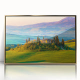 Framed acrylic wall art depicting a serene countryside landscape in golden hues, featuring lush rolling hills and vibrant greenery, ideal for home decor.