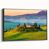 Framed canvas wall art showcasing a serene countryside landscape design, featuring vibrant greens and soft blues, with a sleek black frame enhancing its elegance. Perfect for home decor and nature enthusiasts.