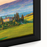 Framed canvas artwork showcasing a serene countryside landscape with vibrant colors and intricate details, ideal for home decor. Perfect for enhancing interior spaces.