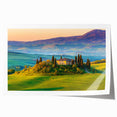 Landscape wall art print showcasing a serene countryside scene with vibrant green fields and a clear blue sky, rolled for easy shipping and display.