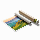 Rolled print of a serene countryside landscape featuring lush green fields and a tranquil sky, ideal for home decor or interior design. Perfect for creating a calming atmosphere.