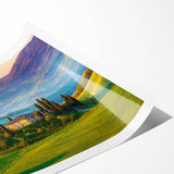 Rustic countryside landscape wall art print, featuring vibrant green fields and a serene blue sky, rolled for easy framing and display, perfect for home decor.