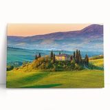 Stretched canvas print of a serene countryside landscape featuring rolling hills and vibrant greenery, designed for wall art decor, exuding tranquility and nature's beauty.