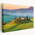 Stretched canvas wall art depicting a serene countryside landscape with rolling hills, vibrant greenery, and a clear blue sky, perfect for home decor.