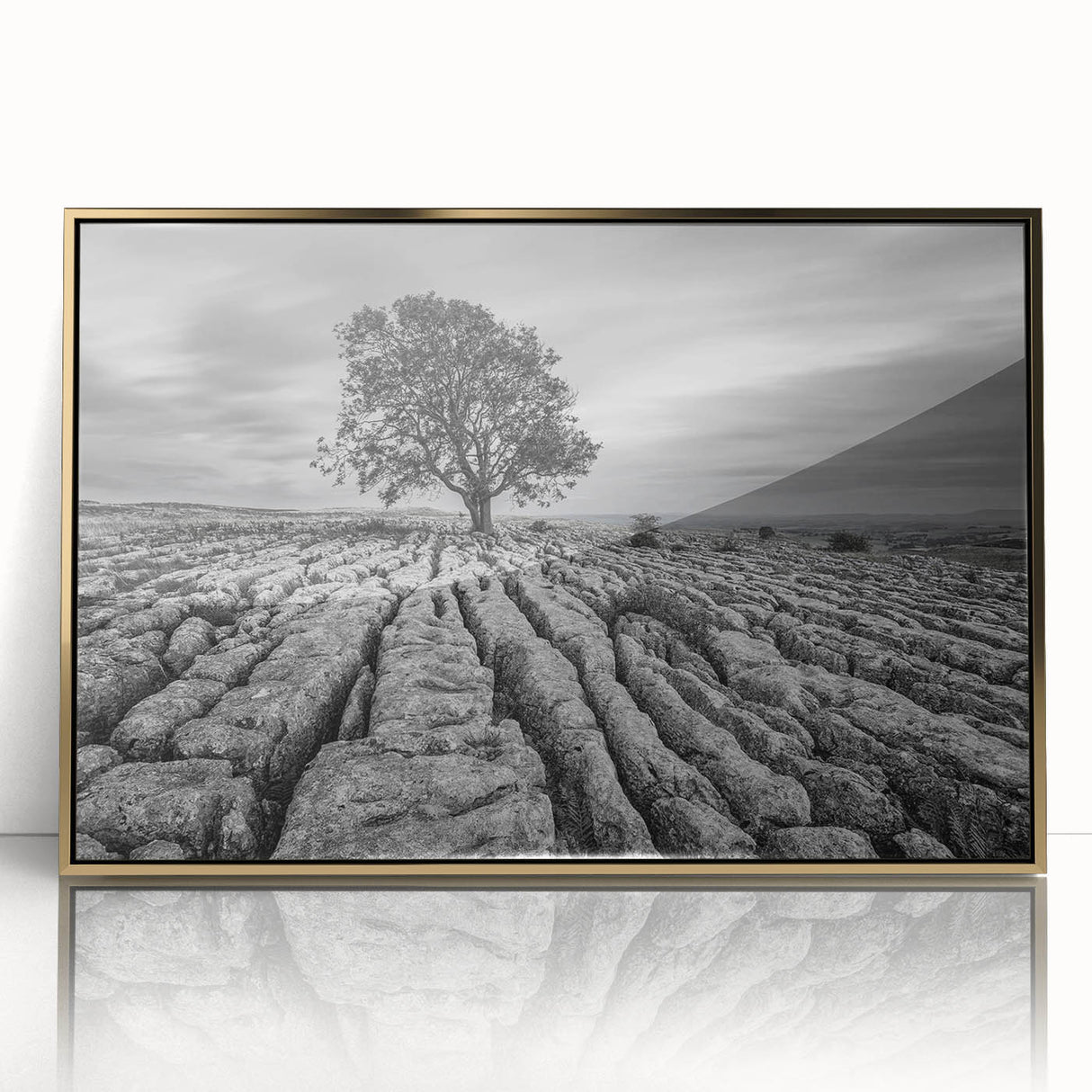 Framed acrylic wall art featuring a serene countryside landscape with vibrant greens and golden hues, showcasing rolling hills and a tranquil atmosphere, perfect for home decor.