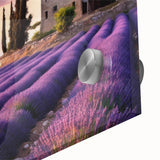 Close-up of a vibrant acrylic glass artwork showcasing a serene countryside landscape, featuring lush green fields, a bright blue sky, and distant rolling hills, perfect for home decor.