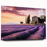 Acrylic glass wall art featuring a serene countryside landscape design, showcasing vibrant colors and intricate details, elegantly displayed with decorative pins.
