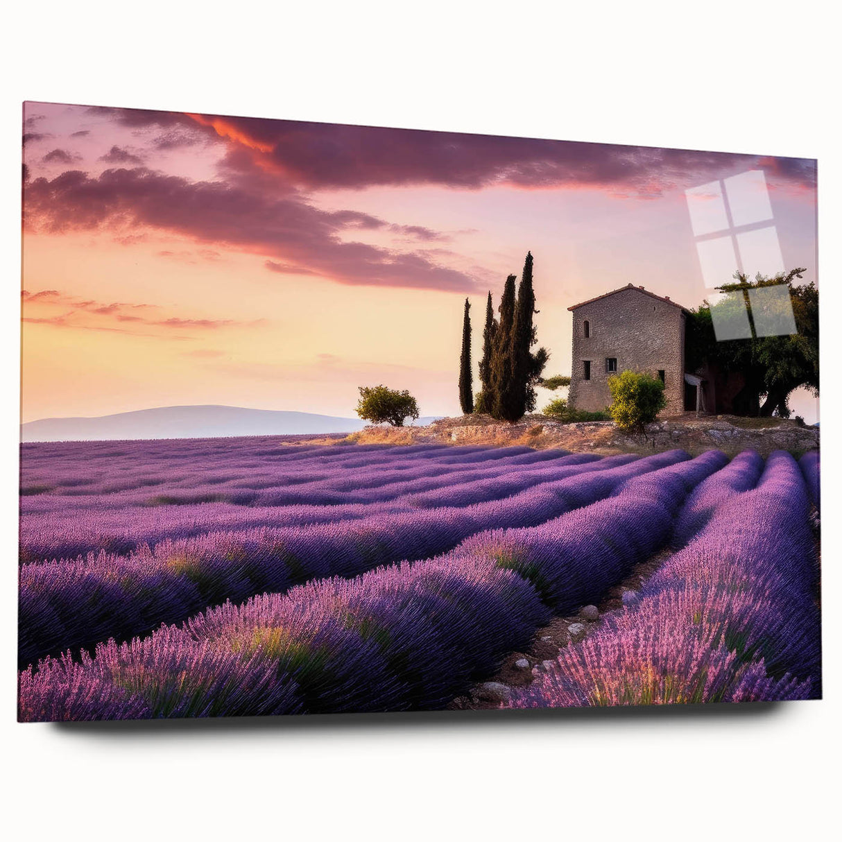 Acrylic glass wall art collection showcasing a serene countryside landscape design in vivid colors, viewed from the side without pins, perfect for home decor.