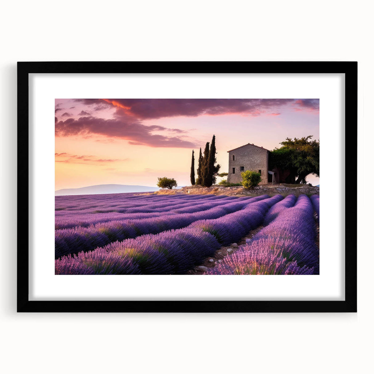 Framed wall art showcasing a serene countryside landscape design with vibrant greenery and a tranquil sky, featuring a sleek black frame and a mat for an elegant presentation. Perfect for adding warmth and nature-inspired decor to any room.