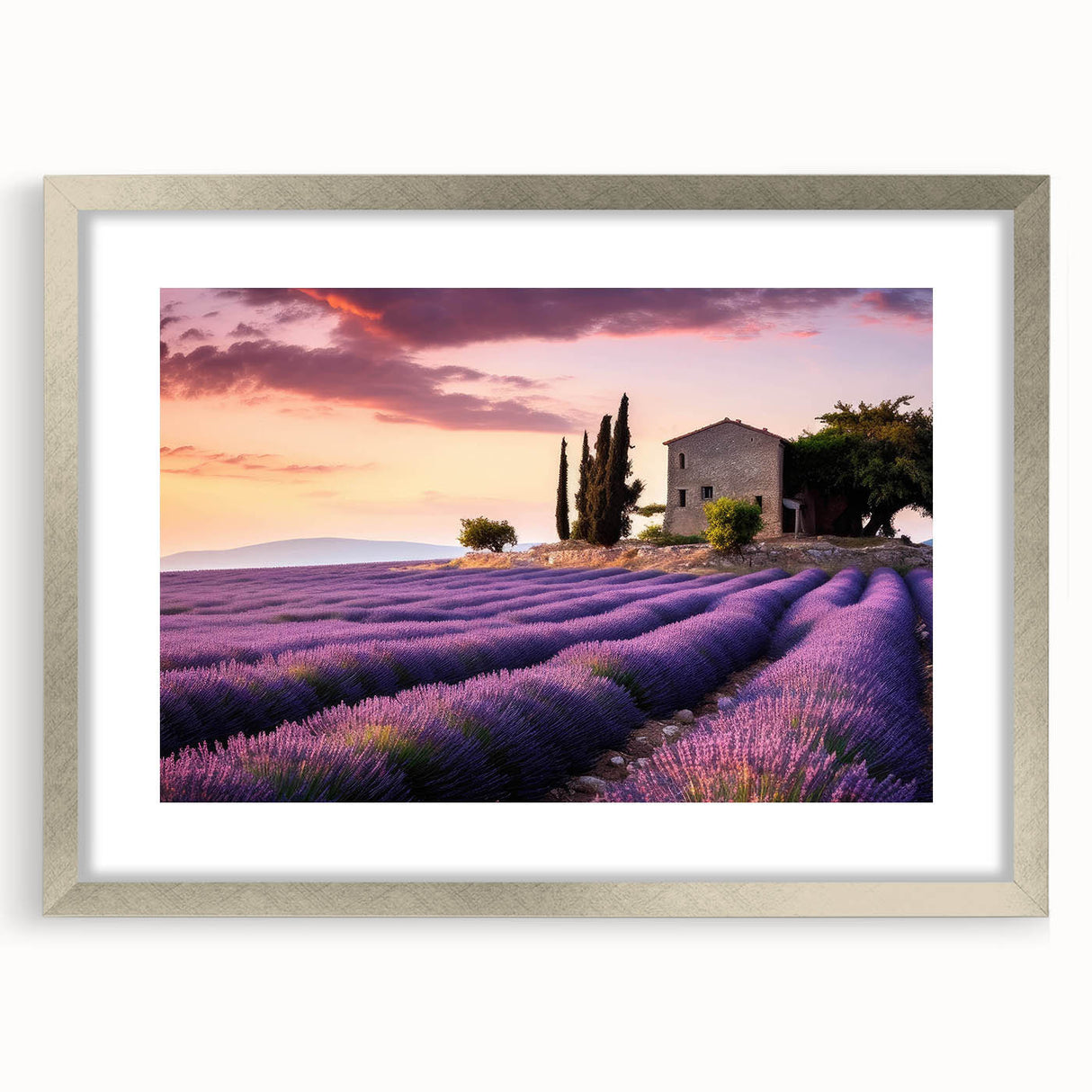Framed wall art featuring a serene countryside landscape design in a silver frame, complete with a mat for an elegant presentation, ideal for home decor.