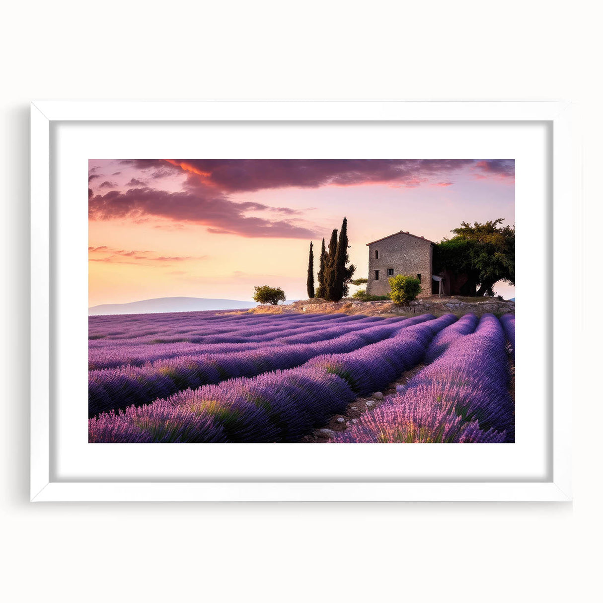 Framed wall art showcasing a serene countryside landscape design with vibrant colors and a white mat, perfect for enhancing home decor and wall aesthetics.