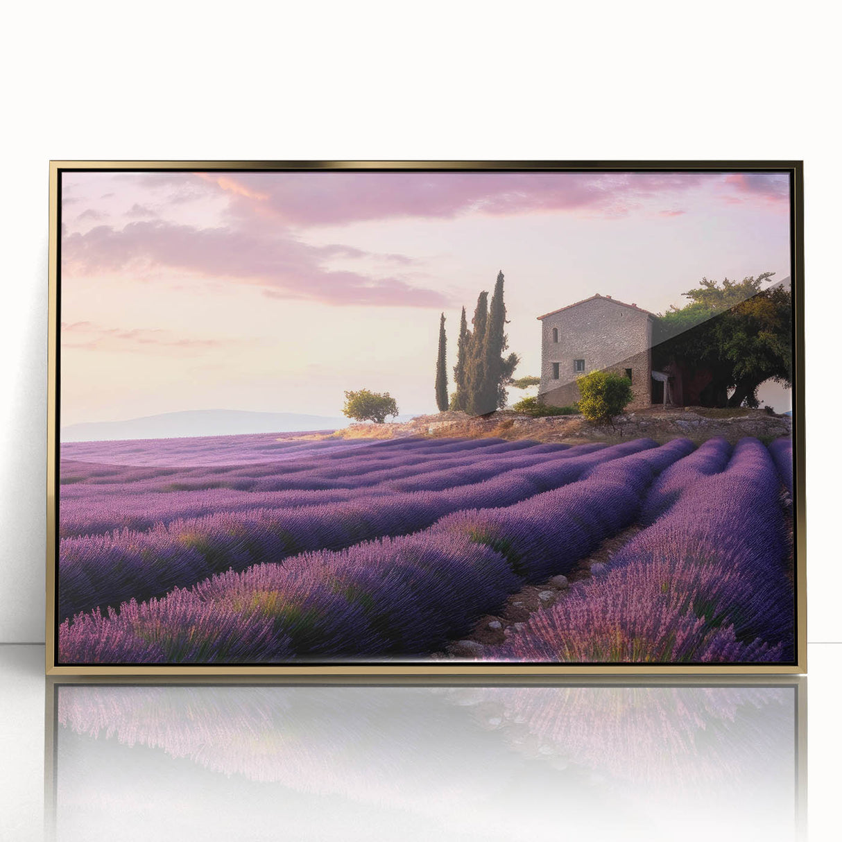 Framed wall art featuring a picturesque landscape design of the countryside, showcasing vibrant green fields and a serene blue sky, highlighted with a gold frame for an elegant touch. Perfect for home decor enthusiasts seeking to enhance their living space with nature-inspired art.