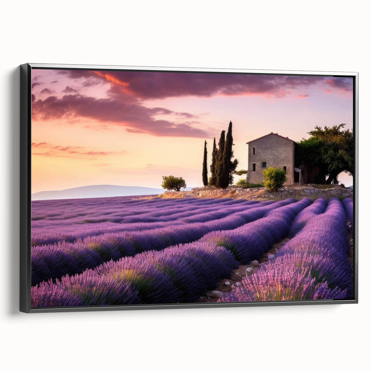 Framed canvas wall art showcasing a serene, picturesque countryside landscape with vibrant green fields and a clear blue sky, designed to enhance home decor.
