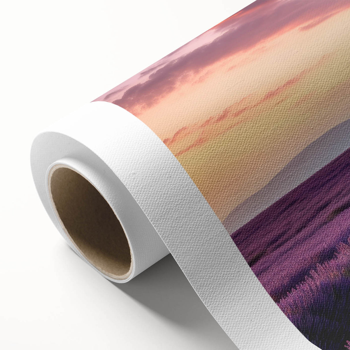 Rolled canvas wall art showcasing a serene countryside landscape design, featuring lush green fields, rolling hills, and a vibrant sunset, ideal for home decor.
