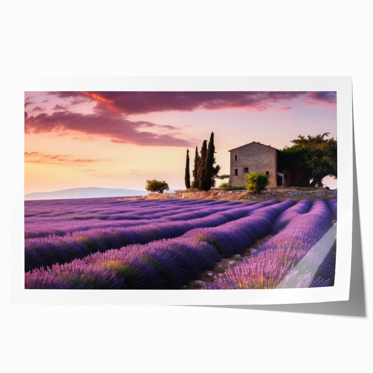 Rolling landscape wall art print showcasing a serene countryside scene with vibrant greenery and a clear blue sky, ideal for home decor and artistic displays. Perfect for nature lovers seeking to enhance their living space.