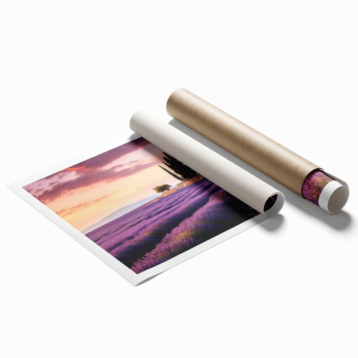 Scenic countryside landscape wall art print showcasing vibrant green fields and a serene blue sky, rolled and ready for display in a stylish home decor setting.