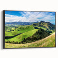 Framed wall art featuring a serene countryside landscape design with vibrant colors, showcasing rolling hills and a sunset backdrop, perfect for home decor.