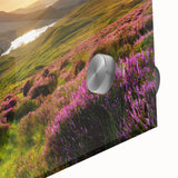 Close-up view of a vibrant acrylic glass landscape wall art piece showcasing a serene countryside scene with rolling hills, lush greenery, and a bright blue sky, perfect for home decor enthusiasts.