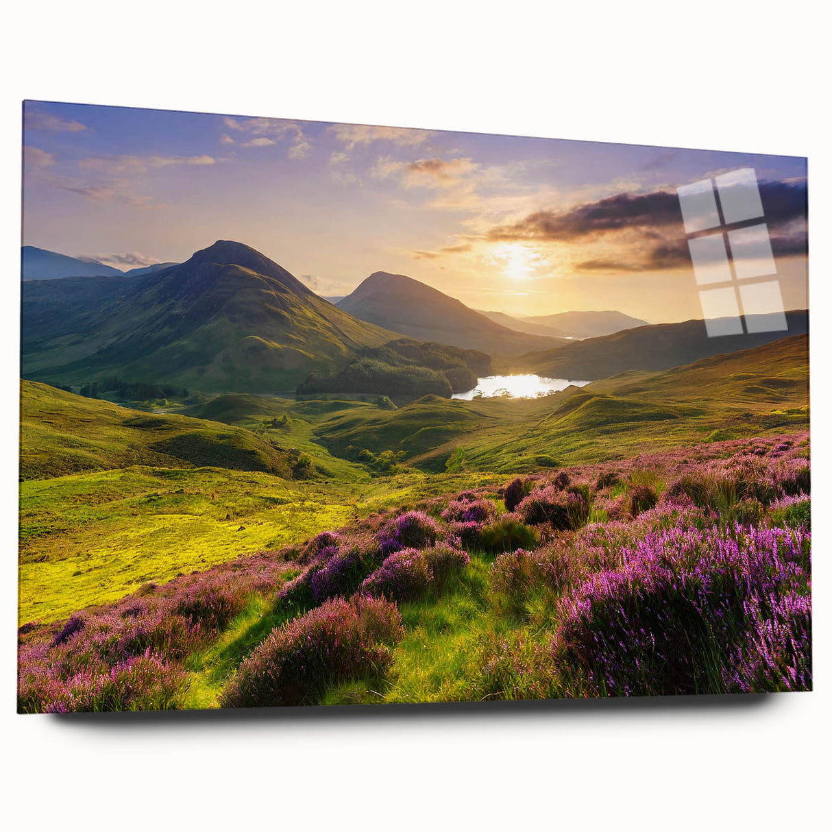 Acrylic glass wall art collection featuring a serene countryside landscape design, showcasing vibrant greens and blues, ideal for home decor. Side view highlights its sleek edges and modern aesthetic, perfect for adding a touch of nature to any room.