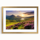Elegant gold-framed wall art showcasing a serene countryside landscape design, featuring vibrant greens and soft blues, perfect for enhancing home decor.