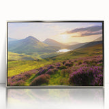 Framed wall art piece showcasing a serene countryside landscape design with vibrant colors and intricate details, presented in a sleek silver frame, ideal for home decor.