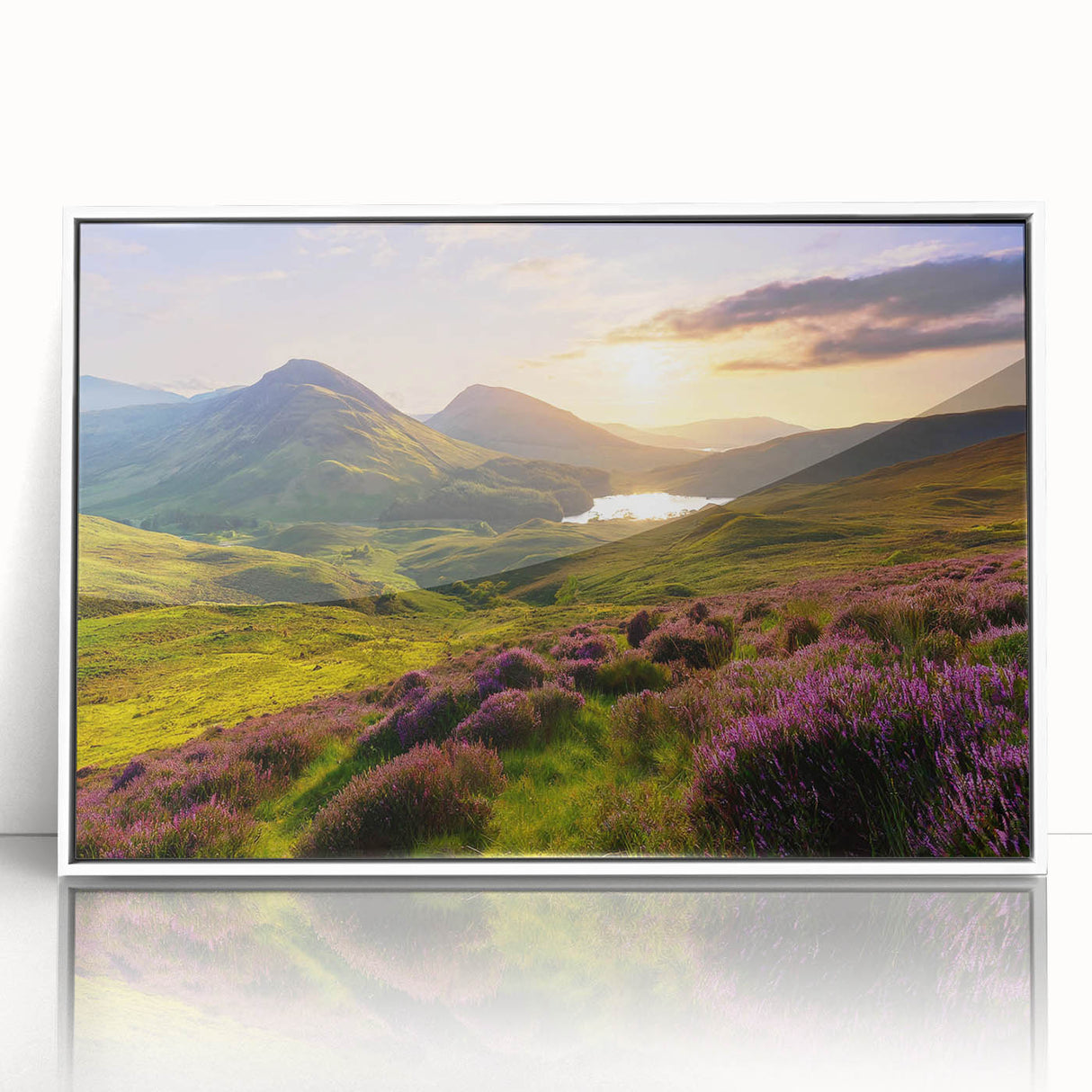 Framed acrylic wall art showcasing a serene countryside landscape with vibrant colors, perfect for home decor. Features a white frame enhancing its modern aesthetic.