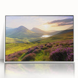 Framed acrylic wall art showcasing a serene countryside landscape with vibrant colors, perfect for home decor. Features a white frame enhancing its modern aesthetic.