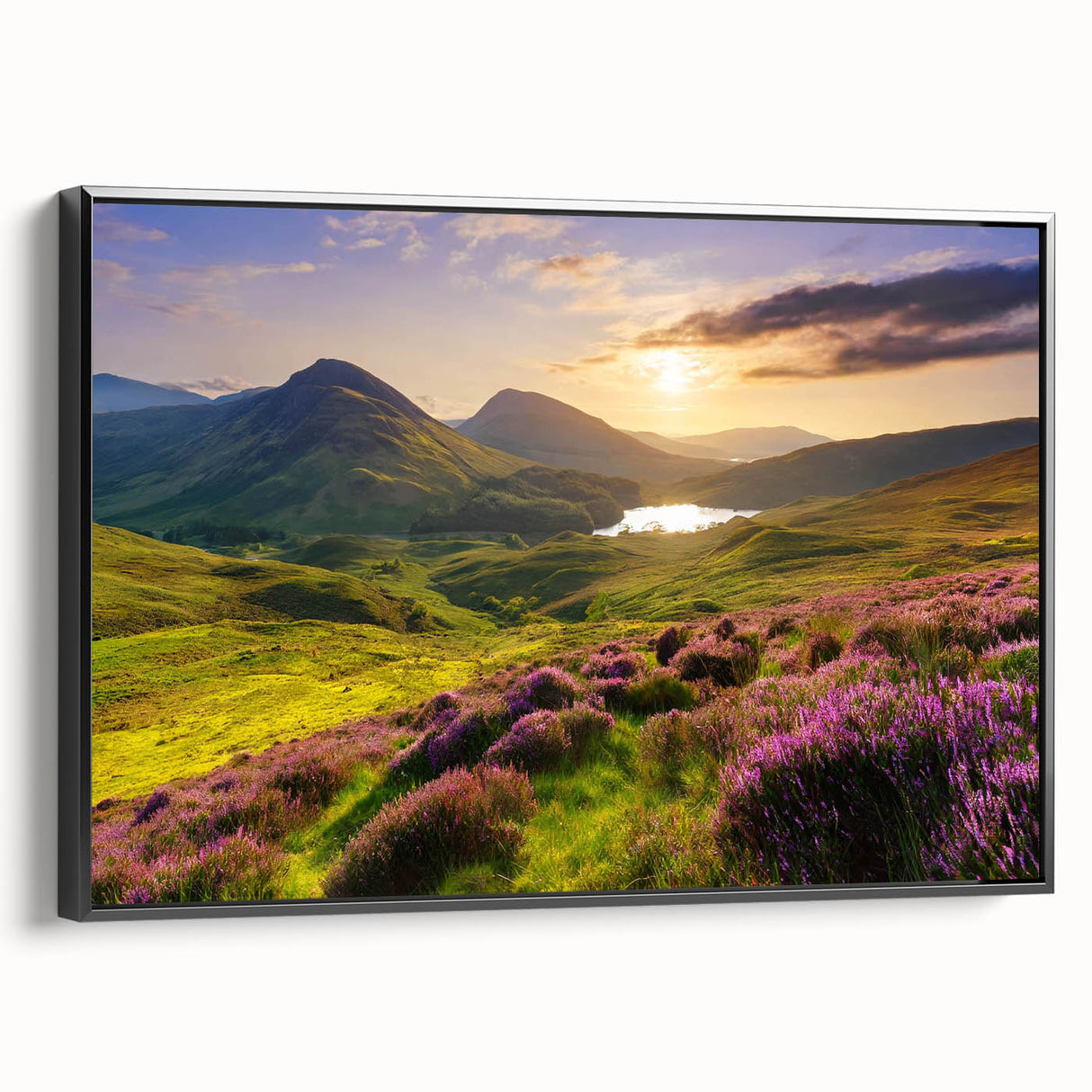 Framed canvas wall art depicting a serene countryside landscape design in rich, earthy tones, showcasing a black frame that enhances its rustic charm. Ideal for home decor to evoke tranquility and nature-inspired ambiance.