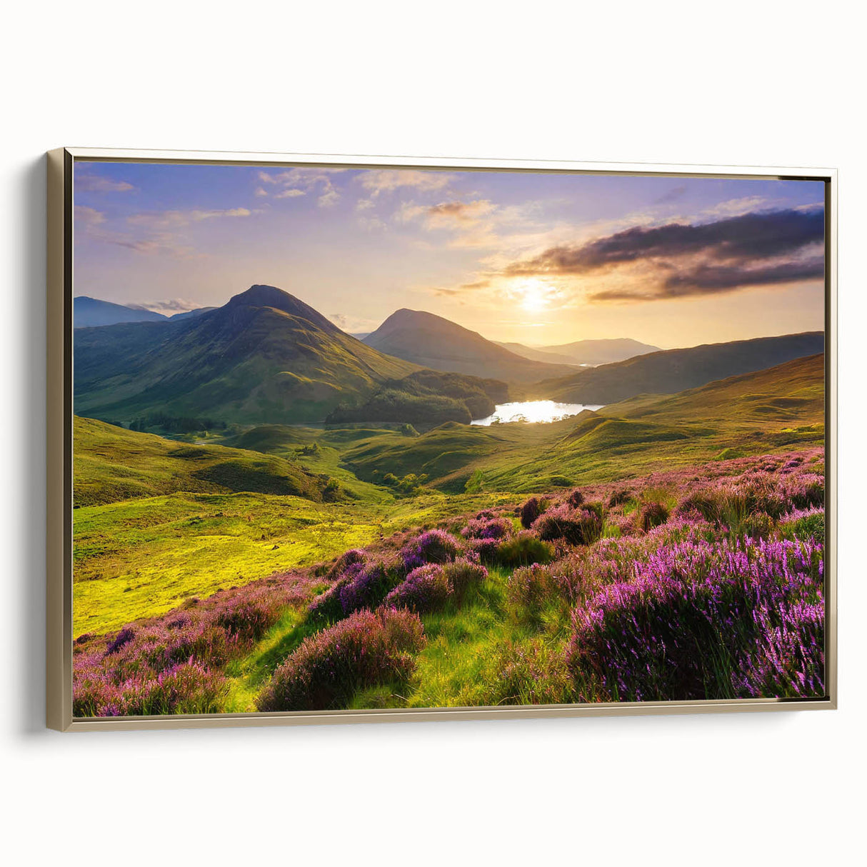 Framed canvas wall art showcasing a picturesque countryside landscape in soft gold tones, designed to enhance home decor with a serene aesthetic.