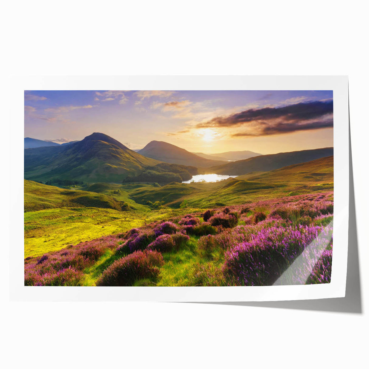 Rolled print of a tranquil countryside landscape featuring lush green fields and a blue sky, perfect for home decor. Ideal for creating a serene atmosphere.