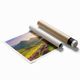 Vibrant countryside landscape design wall art print showcasing rolling hills, lush greenery, and a serene sky, elegantly rolled and ready for display.