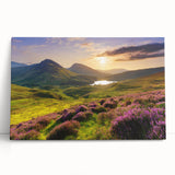Stretched canvas wall art showcasing a serene countryside landscape design, featuring vibrant green hills and a tranquil blue sky, perfect for home decor.