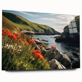 Acrylic glass wall art depicting a serene countryside landscape, showcasing vibrant greens and blues with intricate detailing, displayed side view without pins.