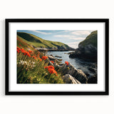 Framed wall art depicting a picturesque countryside landscape, featuring lush green fields and a vibrant blue sky, presented in a sleek black frame with a white mat. Ideal for home decor and nature enthusiasts.