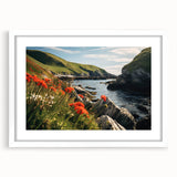 Framed wall art featuring a serene countryside landscape with lush green fields and a blue sky, showcasing a white mat and sleek frame design for elegant decor.