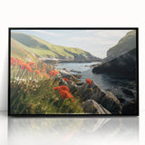 Framed wall art featuring a serene countryside landscape design, showcasing vibrant green fields and a blue sky, with a sleek black frame enhancing its elegance. Perfect for home decor and adding a touch of nature to interior spaces.