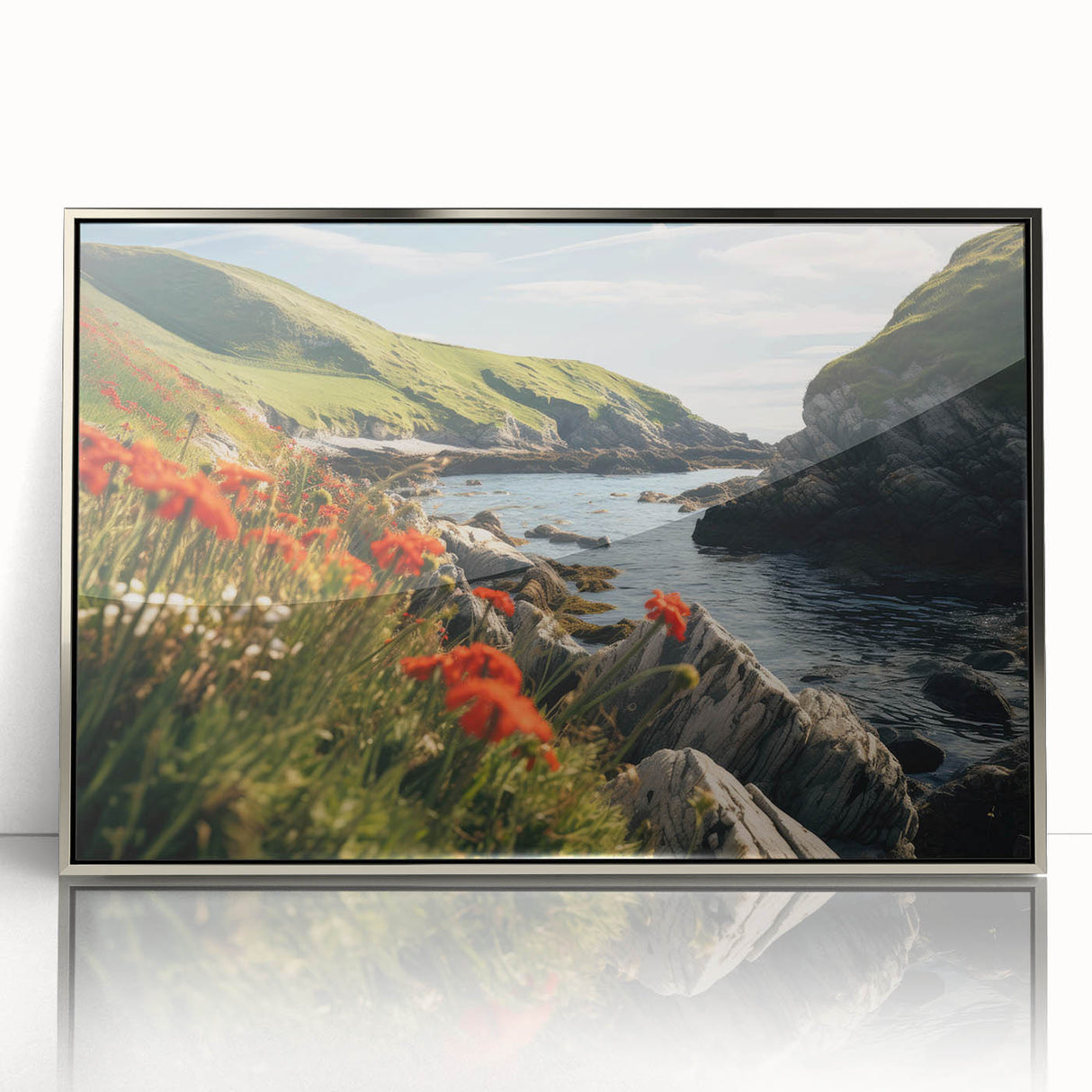 Framed acrylic wall art showcasing a serene countryside landscape with vibrant colors, set in a sleek silver frame, perfect for enhancing home decor.