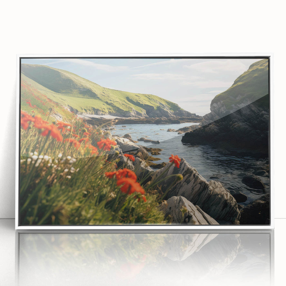 Framed wall art featuring a serene countryside landscape with vibrant green fields and a clear blue sky, presented in a modern white frame, ideal for home decor.