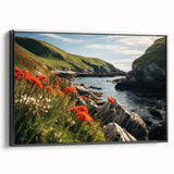 Framed canvas wall art showcasing a serene countryside landscape with lush green fields and a clear blue sky, presented in a sleek black frame, ideal for home decor.