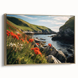 Framed canvas wall art showcasing a serene countryside landscape design, with vibrant greens and warm earth tones, elegantly displayed with a gold frame, enhancing home decor.
